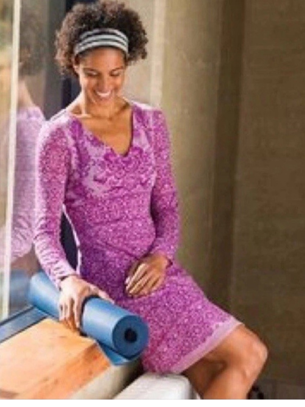 Athleta Hot Creek Plum Patterned V-Neck Long Sleeve Dress - Picture 2 of 5
